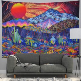 Gusatanhati Psychedelic Tapestry Trippy Mushrooms Tapestry Colorful Mountain Landscape Tapestry Hippie Sun Tapestry Wall Hanging for Bedroom