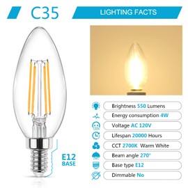 Ascher E12 Candelabra LED Light Bulbs 60 Watt Equivalent, Warm White 2700K, Non-Dimmable, 550 Lumen, Clear LED Filament Candle Bulbs, Pack of 5
