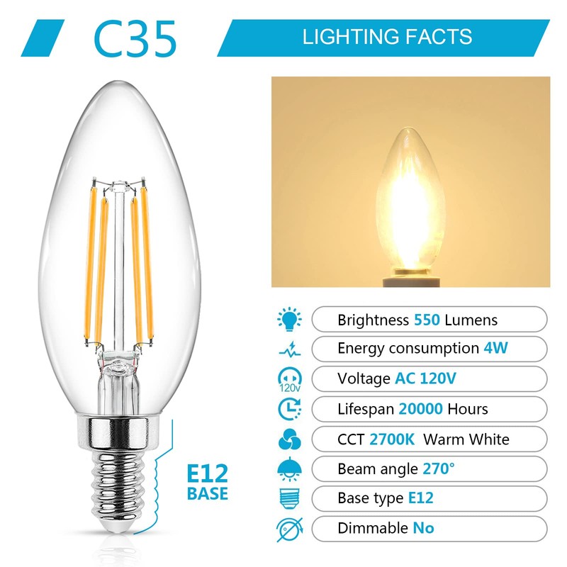 Ascher E12 Candelabra LED Light Bulbs 60 Watt Equivalent, Warm