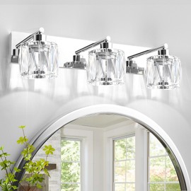VOLISUN Crystal Vanity Lights for Bathroom, 3 Light Bathroom Vanity Light, Modern Stainless Steel Bathroom Light Over Mirror, Chrome Bathroom Light Fixtures-UL Certificated(Exclude Bulb)