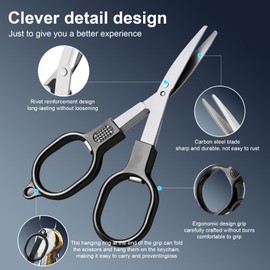 2 Pcs Folding Stainless Steel Portable Mini Travel Scissors, Safety Foldable Pocket Badge Small Scissors All Purpose with 2 Keychain for Travel, Office, Craft, Sewing, Nurse Accessories (Gray Black)