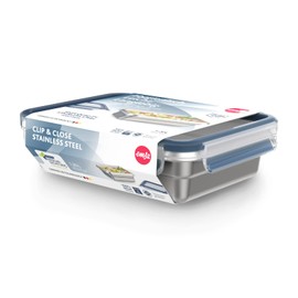 Emsa N11505 Clip & Close Stainless Steel Food Storage Container, Rectangular, Capacity: 1.2 L, Sustainable, Lightweight Stainless Steel, Leak-Proof, Frost-Proof, Dishwasher-Safe, Oven-Safe, Stainless Steel, Blue