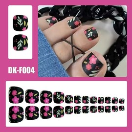 Black Press on Toenails Short Square Fake Toenails Flower Stick on Toenails Spring Glue on Toenails Matte Full Cover Acrylic False Toenails Cute Artificial Toenails Reusable Toenails for Women 24Pcs