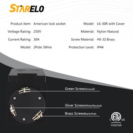 STARELO 30Amp Locking Receptacle for Generator NEMA L6-30R Outlet with Cover,250Volt 2 Pole 3Wire,Weatherproof, Dustproof and Radiation Proof Locking Power Outlet for Outdoor Use,ETL Listed.