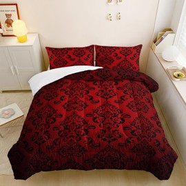 Nttopship Red Gothic Floral Print Comforter Set Twin Size,Vintage Damask Floral Bedding Set,Bohemian Exotic Printed Quilted Set for Teens Adult,with 1 Comforter and 2 Pillow Case