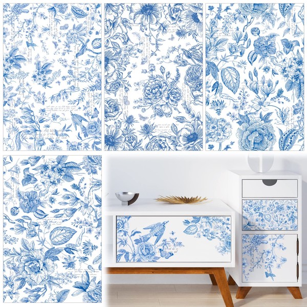 4 Sheets 11.8 x 7.8 inch Blue Flower Rub on Transfers Large Vintage Rub on Transfers Stickers for Crafts Spring Summer Flowers Decoration Transfers for Furniture Home Office Wall Decor