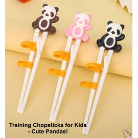 Kids Chopsticks, Jawbush Panda Training Chopsticks for Kids & Beginners, Reusable Cute Kids Utensils with Non Slip Adjustable Finger Loops for Right-Handed, Dishwasher Safe, 3 Pack