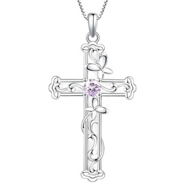 YL Butterfly Cross Necklace Sterling Silver Leaves Pendant Created Alexandrite Crucifix Jewelry