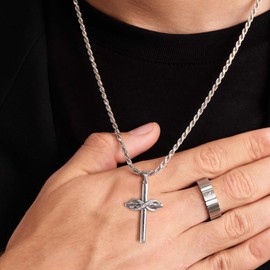 RANKEEF Silver Cross Necklace for Men Removable 2mm Stainless Steel Chain Necklaces Sturdy AAA Rhinestone Inifinity Pendant Necklaces Jewelry Gifts for Him Silver Cross Chain for Men