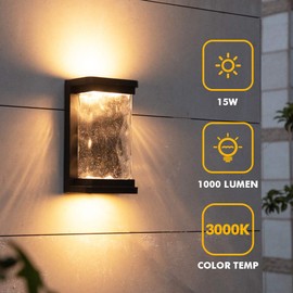 LUTEC 1000 Lumen 3000K 45 LED Wall Light Dusk to Dawn, Modern Porch Light with Seeded Glass, Indoor Outdoor Sconce Wall Lighting-Black