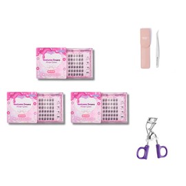 Ninetynine Dreams No Glue Mermaid Lashes Press On Reusable Individual False Eyelashes Clusters, Easy To Apply 9-13mm, Thin Transparent Self Adhesive Band Natural Eyelash (3 Packs + Tweezers + Curler)