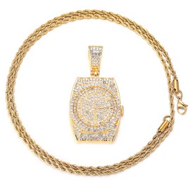 Halukakah Gold Chain for Men, 18 Carat Real Gold Plated/Platinum White Gold 3D Watch Pendant Necklace Full CZ Lab Diamonds Prong Set with Rope Chain 60 cm Tennis Chain 50 cm Free Gift Box, Metal, Lab