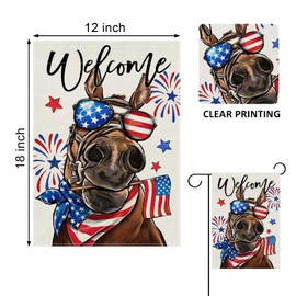 Covido Welcome 4th of July Donkey Patriotic Decorative Garden Flag, America USA Stars Stripes Independence Day Yard Outside Decorations, American Firework Outdoor Small Home Decor Double Sided 12 x 18