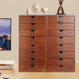 LyeXD Vintage 16-Drawer Wooden Desk Organizer, 4Pcs 4-Slot Apothecary Cabinet Art Storage with Drawers Flat File Cabinet, Library Card Catalog Cabinet w/Label Holder Stackable Wooden Drawer Unit