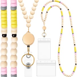 Geyoga Pencil Teacher Lanyard with ID Badge Holders, Retractable Lanyards for ID Badges Keys, Boho Wood Silicone Beaded Necklace and 2 Clear Card Holders for Women Nurses School Office Worker