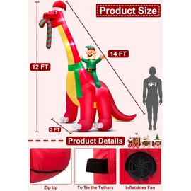 AMENON 12FT Giant Christmas Inflatables Santa Elf Ride Dinosaur Holding Candy Cane Christmas Blow Up Yard Decorations Built-in LEDs Christmas Decorations Outdoor Party Holiday Xmas Decor Lawn Patio