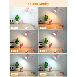 BOHON Cute Desk Lamp with Clamp 10W 38 LED Clip on Light, 5 Color 10 Brightness Auto Off Timer Flexible Gooseneck Pink Lamp Kawaii Accessories Desk Lights for Office Home Bed Bedside Reading, Pink