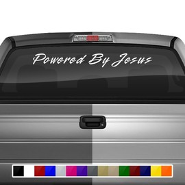 Powered by Jesus Decal Sticker Windshield Window Vinyl Graphic Banner Rear Back Car Truck SUV Vehicle Christian Faith Text 36"x4.25"+ (Font-Rapier)