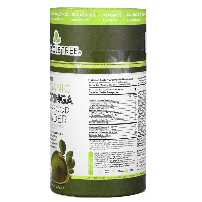 Miracle Tree 100% Organic Moringa Superfood Powder, 8 oz (226.8