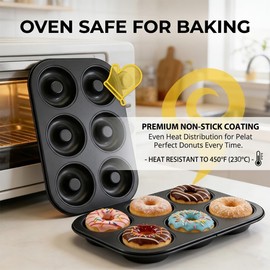 2 Pack Nonstick Donut Baking Pans, 6 Cavity Easy Steel Clean Doughnut, Oven Safe Heat Resistant, Reusable Bakeware for Making Donuts Bagels Homemade Desserts (Black, 6 Cup)