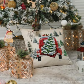 Artoid Mode Watercolor Snow Pine Tree Truck Christmas Cushion Cover, 45x45 cm Xmas Winter Decorative Pillow Case Cover Sofa Living Room Outdoor Decor