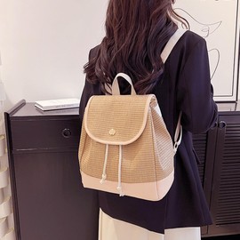 Meyaus Medium Women Straw Woven Backpack Flap Drawstring Daypack Beach Shoulders Bag