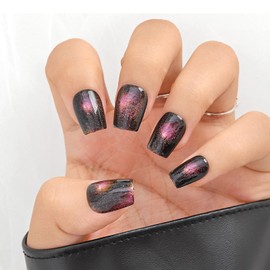Sethexy Cat Eye Gradient Short Square Press On Nails Handmade Glitter Glossy False Nail Acrylic Salon Quality Fake Nails for Women and Girls 20PCS (D)