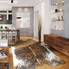 Keeko Faux Cowhide Rug Cute Cow Print Rug, 6.2x7 Western Living Room Rug Premium Animal Print Large Rug Western Room Decor Rugs for Bedroom Non-Slip Indoor Country Faux Hide Rug Saddle Brown