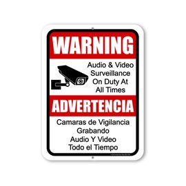Honey Dew Gifts, Warning Audio and Video Surveillance on Duty at All Times, 9 inch by 12 inch, English Español Bilingual Signs, Security Sign Spanish, Warning Camera Sign, HDG-1524