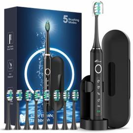 Rtauys M5 Sonic Electric Toothbrush for Adults and Kids - Rechargeable Electric Toothbrush with Electric Toothbrush Cover, 8 Brush Heads & Travel Case, 120 Days Battery Life - BlackSilver