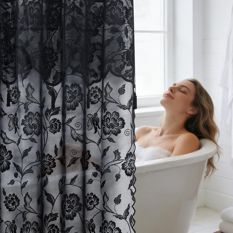 SD SDLIVING Black Lace Shower Curtain with Tassels,Luxury Floral Sheer