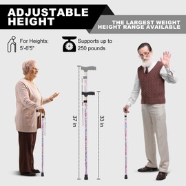 PARLORA Walking Cane for Women and Men, Collapsible, Lightweight, Sleek, Foldable Folding Cane | Walking Sticks for Seniors & Adults with Comfortable T-Handle [Red Flower]
