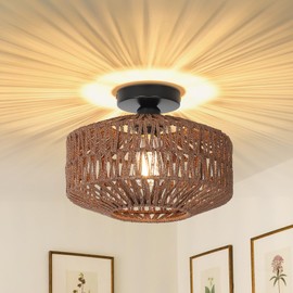 Jobtical Boho Rattan Light Fixtures, Dimmable Ceiling Light with LED Bulb, Hand Woven Rattan Chandelier for Bedroom, Living Room, Entryway (Dark Brown)