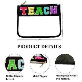 Bolsa de maquillaje transparente con letras universitarias de chenilla, con purpurina, parche con cierre, bolsa de aseo para viajes, playa, verano, pi