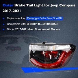 Misakomo Outer Tail Light Compatible with Jeep Compass 2017-2021 - Brake Taillight Assembly Rear Lamp Replacement for CH2805115 and 55112838AC - Passenger Right Side RH