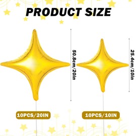 Pack of 20 Golden Four Pointed Star Balloons, Aluminium Foil Star Balloons, Four Pointed Star Decoration Balloons, Party Background Decoration, Birthdays and Graduations