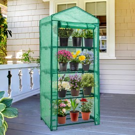 EAGLE PEAK Mini Greenhouse with Wire Shelves, Portable Indoor & Outdoor Green House with Roll-Up Zipper Door, 4 Tier, 27.2"x19.3"x64.2", Clear/Green PE Cover