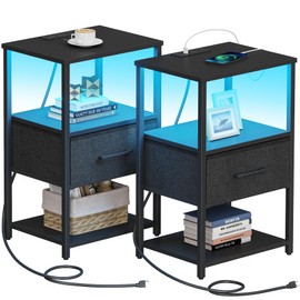 TUTOTAK LED End Table, Side Table with Charging Station, Nightstand Set of 2, Bedside Table with Fabric Drawer, Couch Table for Livingroom and Bedroom, Black TB01BK0692L