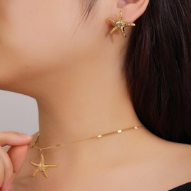 Dainty CZ Starfish Pendant Necklace and Stud Earrings Set for Women Stainless Steel 18K Gold Plated Fashion Cubic Zirconia Star Charm Adjustable Chain Choker Trendy Beach Vacation Boho Summer Jewelry