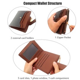 Gosyfeti Small Thin Women's Purse, Retro Credit Cards Holder Ladies Glitter Bifold Short Wallet, Zipper Coin Pouch for Female Girls Students (Brown)