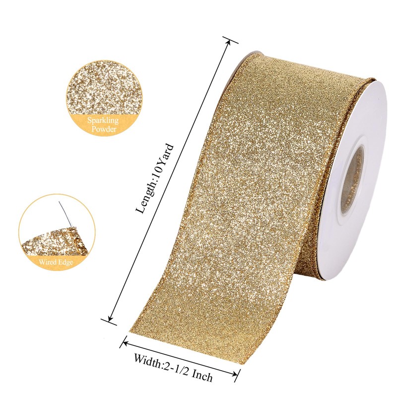 Ribest Gold Glitter Wired Ribbon for Christmas Tree Wreath Decoration