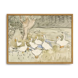 Roslynity Framed Canvas Wall Art Vintage Print Paintings Ducks Nursery Abstract Animal Drawing Country Retro Aesthetic Artwork for Home Living Room Bathroom Farmhouse Wall Decor (12"x16")