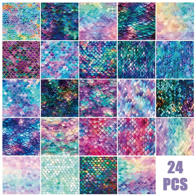 24 Mermaid Scale Scrapbook Paper Sheets, 6" x 6" Glitter