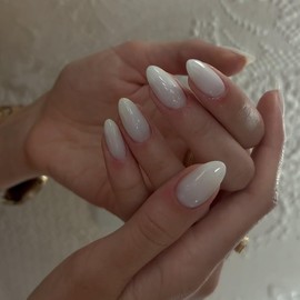 Straight White Press On Nails Short Almond,KQueenest Thick Acrylic Nails Press Ons,Short Oval Nails Glue on,Natural Round Fake Nails,One Color Gel Stick On Nails Set For Tiny Average Wide Nail Beds