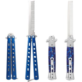 2PCS Switchblade Comb - Automatic Switch Folding Pocket Comb, Stainless Steel Butterfly Comb, Hair Brush for Beard, Mustache, Switch Blade Hair Comb for Men, Beauty Tool