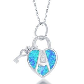 Sterling Silver Created Blue Opal Heart Lock with Key Pendant with 18" Chain