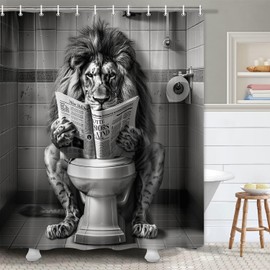 JAWO Funny Cool Lion Shower Curtain, Fun Leo Wild Masculine Animal Humor Leo Animal on Toilet Shower Curtains Set, African American Grey and White Mens Shower Curtains Bathroom with Hooks 72x72