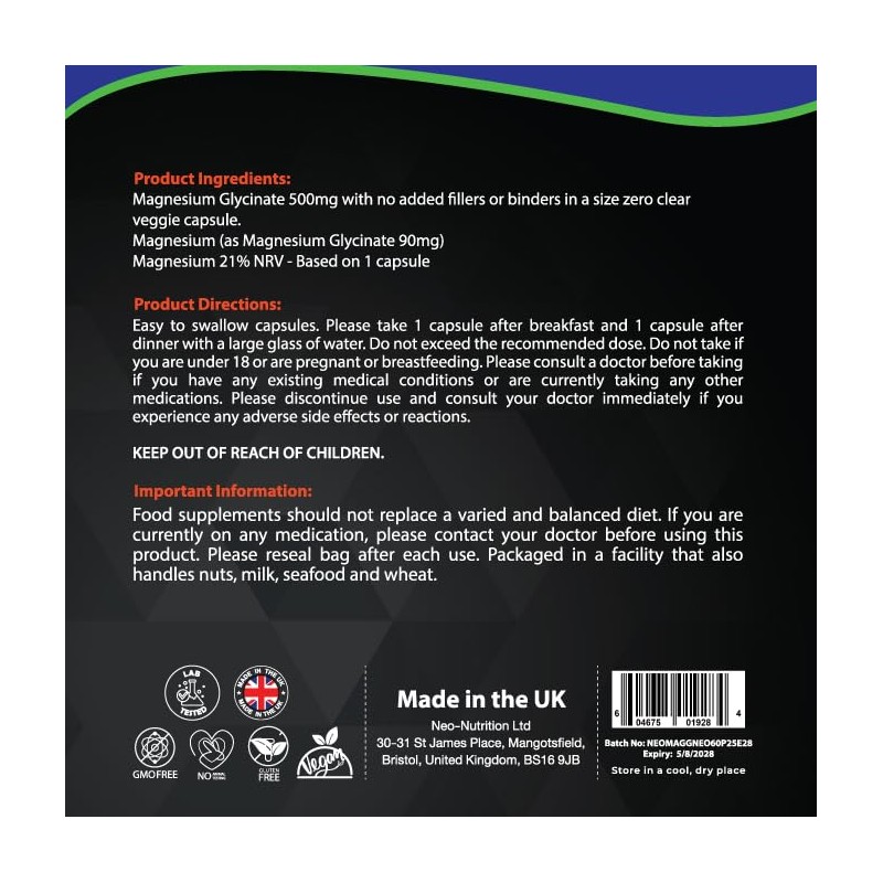 Magnesium Glycinate Supplement - 1000mg of Magnesium - 60 High