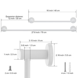 Adjustable Single Bath Towel Bar 16 to 27.6 Inch, ZUEXT Oil Rubbed White Stainless Steel Towel Holder Hanger,Expandable Wall Mount Towel Rail for Bathroom Kitchen,1" Tube Towel Rail Racks w/Hooks