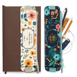 FINPAC 2-Pack Elastic Pen Holder for Notebook, Leather Pen Holder Stationery Zipper Bag for Pencils, Markers, Pen Pouch w/Elastic Band for Bible Journaling, Planners, Tablets, Apricot Navy